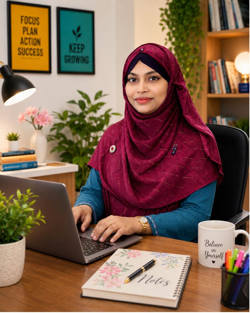Poli Akter working on a laptop in a modern office as a Digital Marketer, Graphics Designer, Video Editor, and Web Designer.