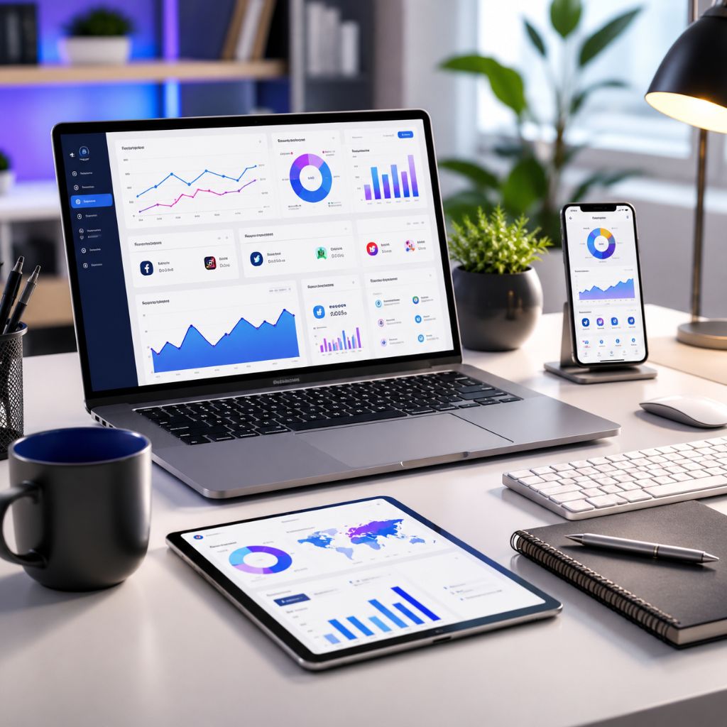 Professional digital marketing workspace featuring a laptop with SEO analytics dashboard, website performance metrics, social media marketing insights, tablet, smartphone, and modern office desk setup.