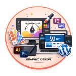 Professional Graphic Design and WordPress icon featuring Adobe Illustrator, Adobe Photoshop, WordPress website design, creative branding, UI design, and responsive web development.