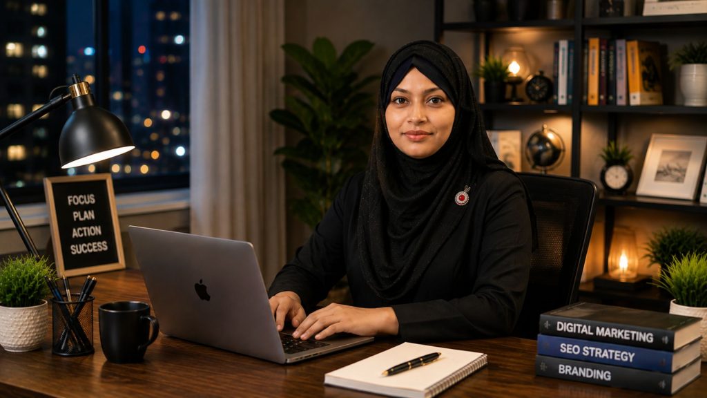 Poli Akter working on a laptop in a modern office as a Digital Marketing Consultant, SEO Expert, and WordPress Specialist.