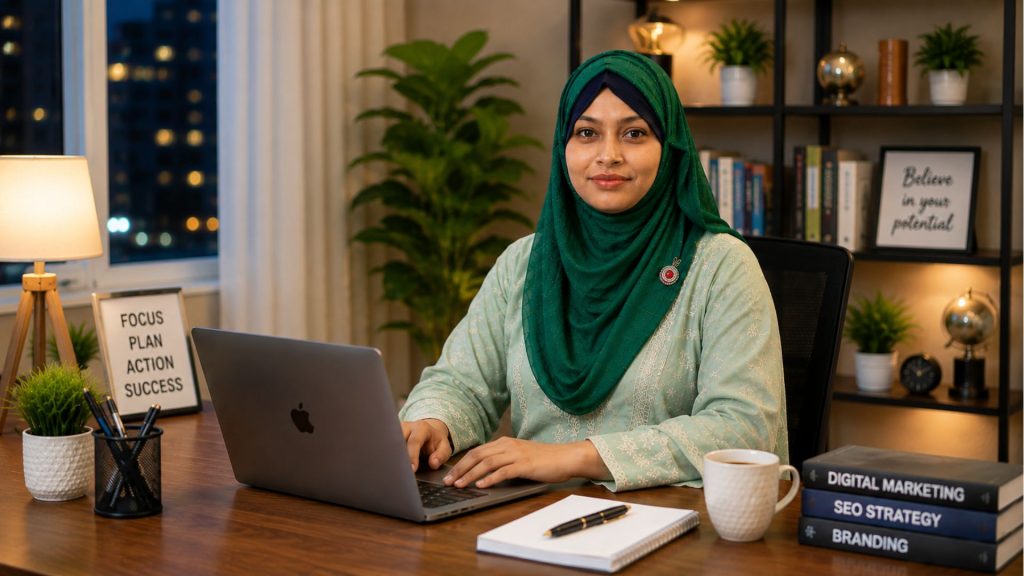 Poli Akter working in a modern office as a professional Digital Marketer, SEO Expert, Graphic Designer, and WordPress Specialist.