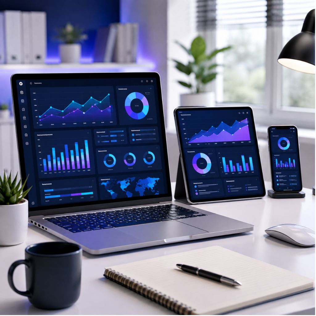 Modern digital marketing dashboard displayed on a laptop, tablet, and smartphone featuring SEO analytics, website performance metrics, PPC campaign insights, and business growth charts in a professional office workspace.