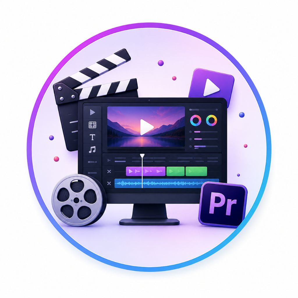 Modern video editing icon featuring editing timeline, video player, film reel, clapperboard, Adobe Premiere Pro, and professional video production tools.