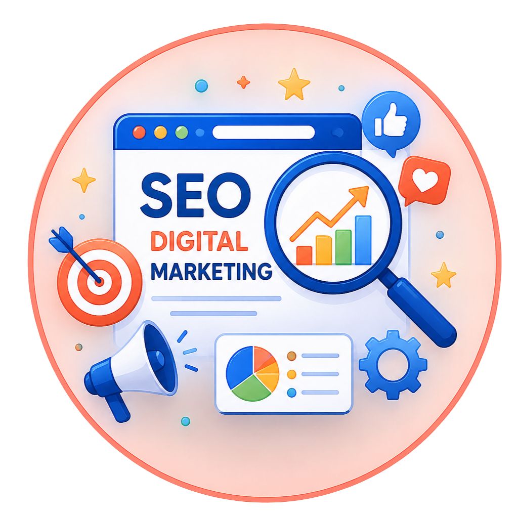Professional SEO and Digital Marketing icon featuring search engine optimization, online marketing, analytics dashboard, target, and business growth elements.